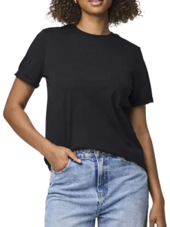 T-shirt basic en coton noir uni à coupe droite avec un col rond