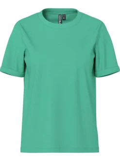 T-shirt basic en coton vert uni à coupe droite avec un col rond