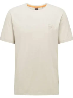 T-shirt beige en coton chiné avec logo floqué coupe droite col rond à manches courtes
