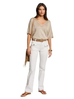 T-shirt beige en lurex avec une coupe droite un col v et des manches courtes