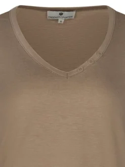 T-shirt beige imprimé à coupe droite avec un col V et des manches longues