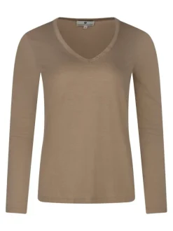 T-shirt beige imprimé à coupe droite avec un col V et des manches longues