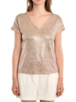 T-shirt beige à motifs pourvu de manches courtes et d'un col v
