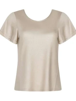 T-shirt beige pailleté à coupe droite col v et à manches courtes