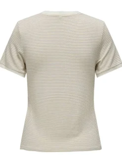 T-shirt beige rayé coupe droite col rond et à manches courtes