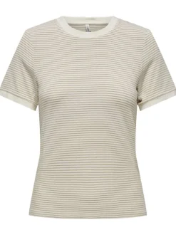 T-shirt beige rayé coupe droite col rond et à manches courtes