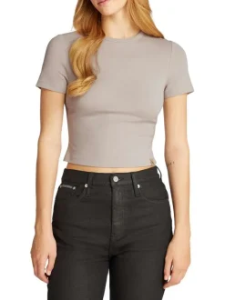 T-shirt beige uni avec une coupe crop top près du corps et un col rond