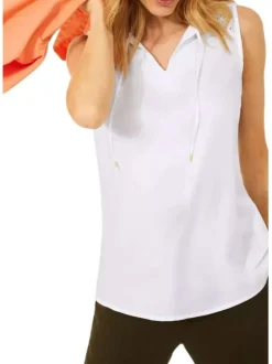 T-shirt blanc avec empiècement ajouré coupe droite col v sans manches
