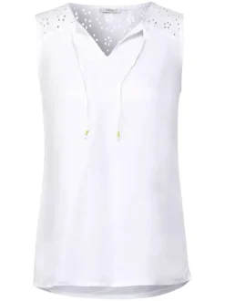 T-shirt blanc avec empiècement ajouré coupe droite col v sans manches