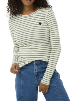 T-shirt blanc cassé à rayures avec une coupe ajustée et un col rond