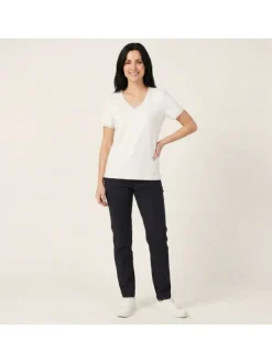 T-shirt blanc à coupe droite pourvu d'un col v et de manches courtes