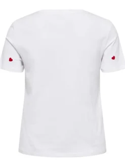 T-shirt blanc en coton avec des cœurs rouges brodés et un col rond