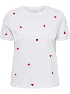 T-shirt blanc en coton avec des cœurs rouges brodés et un col rond