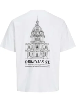 T-shirt blanc en coton imprimé à coupe loose avec col rond et manches courtes