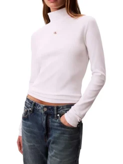 T-shirt blanc en coton à maille côtelée avec une coupe moulante