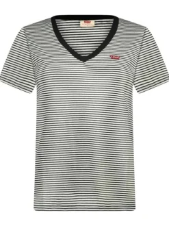 T-shirt blanc en coton rayé avec une coupe droite et un col v en noir