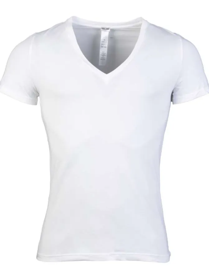 T-Shirt blanc en v-coton elasthanne v-uni coupe v-courte col v-col v