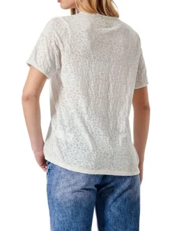 T-shirt blanc imprimé léopard à coupe droite col rond et à manches courtes