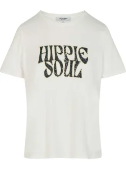 T-shirt blanc à motifs avec une coupe droite et un col rond
