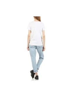 T-shirt blanc pour femme avec petit logo brodé en coton coupe droite