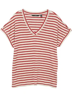 T-shirt blanc rayé avec une coupe droite à col v et des manches courtes