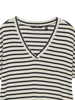 T-shirt blanc rayé à coupe droite, col v et à manches courtes