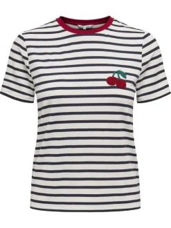 T-shirt blanc à rayures avec une coupe droite et un col rond