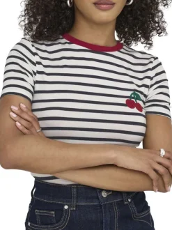 T-shirt blanc à rayures avec une coupe droite et un col rond
