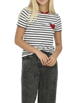 T-shirt blanc à rayures avec une coupe droite et un col rond
