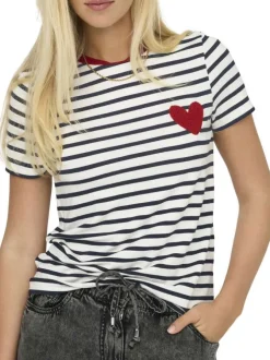 T-shirt blanc à rayures avec une coupe droite et un col rond