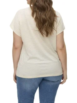 T-shirt blanc à rayures en lurex beiges et à col v fermé par trois boutons