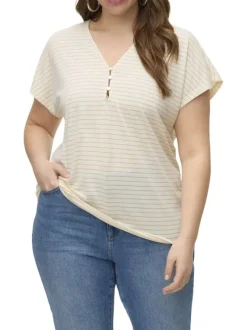 T-shirt blanc à rayures en lurex beiges et à col v fermé par trois boutons