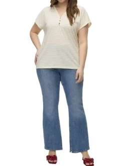 T-shirt blanc à rayures en lurex beiges et à col v fermé par trois boutons