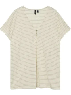 T-shirt blanc à rayures en lurex beiges et à col v fermé par trois boutons