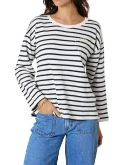 T-shirt blanc à rayures pourvu d'un col rond et de manches longues