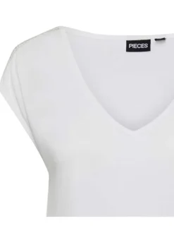 T-shirt blanc uni avec un col v une coupe droite et strass aux épaules