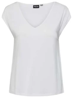 T-shirt blanc uni avec un col v une coupe droite et strass aux épaules