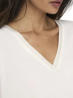 T-shirt blanc uni avec une coupe ample et un col v en lurex doré