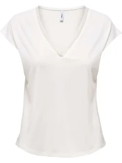T-shirt blanc uni avec une coupe ample et un col v en lurex doré