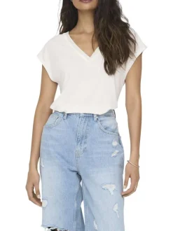 T-shirt blanc uni avec une coupe ample et un col v en lurex doré