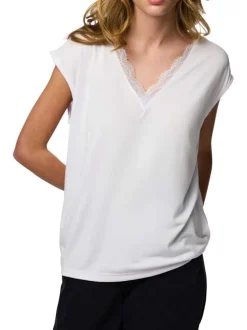 T-shirt blanc uni avec une coupe droite et un col V en dentelle