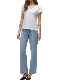 T-shirt blanc uni avec une coupe droite un col v et des manches courtes amples