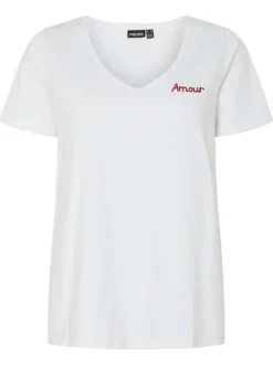T-shirt blanc uni à col v avec inscription "Amour" brodé sur la poitrine