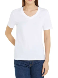 T-shirt blanc uni col v, avec patch cousu sur la poitrine et à manches courtes