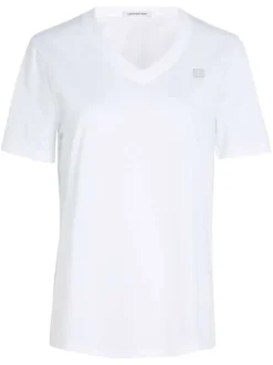 T-shirt blanc uni col v, avec patch cousu sur la poitrine et à manches courtes