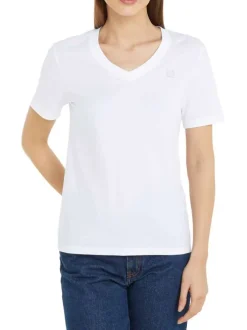 T-shirt blanc uni col v, avec patch cousu sur la poitrine et à manches courtes
