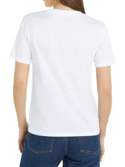 T-shirt blanc uni col v, avec patch cousu sur la poitrine et à manches courtes