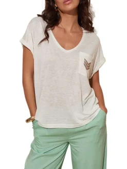 T-shirt blanc uni à coupe droite avec un col v et des manches courtes