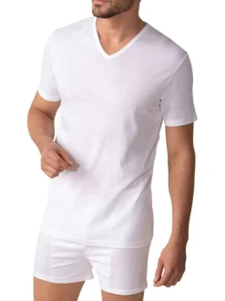 T-shirt blanc uni en coton d'Egypte avec coupe droite et col v