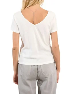 T-shirt blanc uni pouru d'un col v avec des détails en broderie anglaise